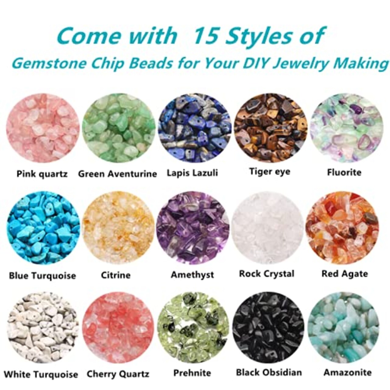 1888 Pieces Natural Chip Stone Beads About 500g Irregular Gemstones Healing Crystal Loose Rocks Bead Hole Drilled DIY for Bracelet Jewelry Making Crafting (5-8mm, 15 Color Mix-S1)